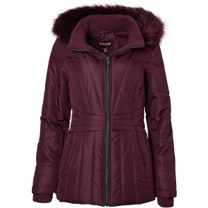 Sportoli Womens Winter Coat Faux Fur Trim Hooded Down Alternative Puffer Jacket - 1 of 4