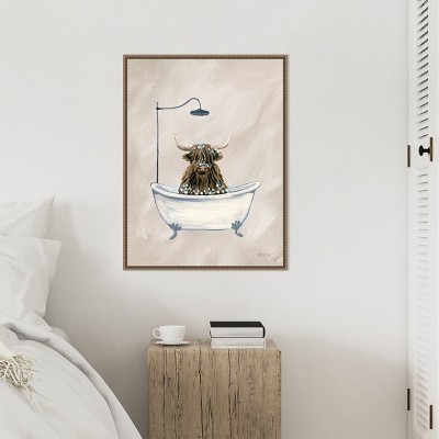 Highland Cow in Clawfoot Tub Framed Canvas Wall Art, 23" x 30"