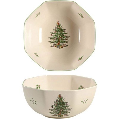 Spode Christmas Tree Octagonal Bowl, 8 Inch Serving Bowl for Salad, Fruit, Pasta and Side Dishes
