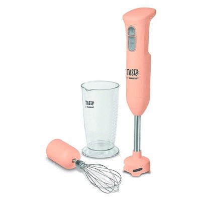 Tasty by Cuisinart Stainless Steel Electric Kitchen Handheld Food Blender Stick with Beater, Measuring Cup, and Safety Button Feature, Orange