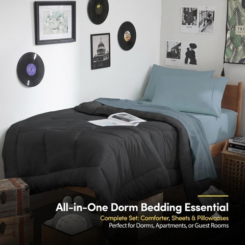 Sweet Home Collections 7PC Campus Ready Dorm Full Size Bedding Bundle, Solid Comforter, Down Alternative Pillows and Sheet Set - Misty Blue