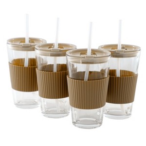 Mr. Coffee Sip Savvy 4 Piece 15 Ounce Silicone Sleeve Glass Cup Set w/ Lid and Straw - 1 of 4