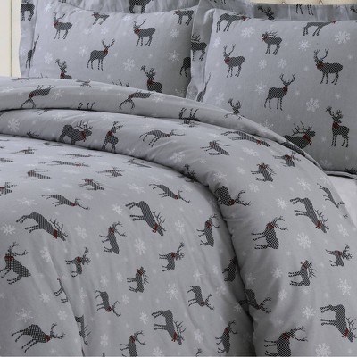 Checkered Buck Gray Cotton Flannel Queen Duvet Set