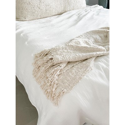 Cozy Cotton White Boucle Fringe Throw White