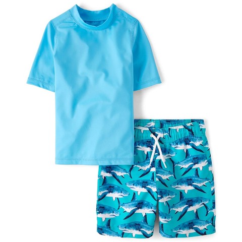 The Children's Place Boys Short Sleeve Print Rashguard Swimsuit Aqua M (7/8)