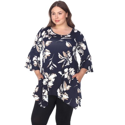 Women's Plus Size Floral Printed Blanche Tunic Top with Pockets - White Mark