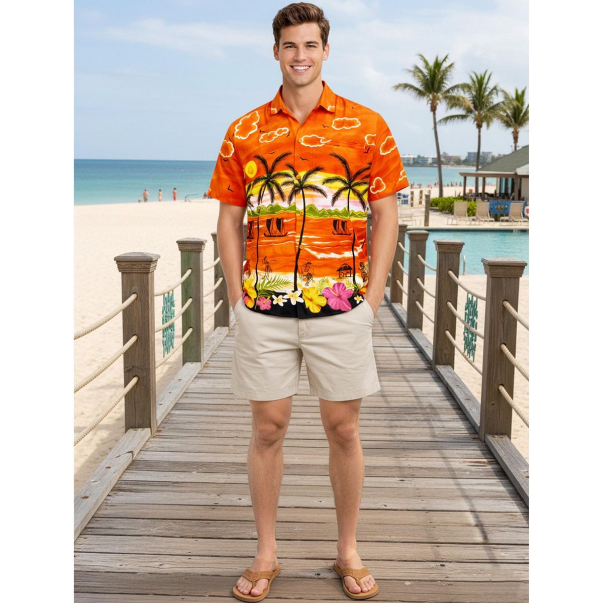LA LEELA Mens Hawaiian Shirts Short Sleeve Button Down Shirt Mens Party Shirts Casual Vacation Summer Tropical Island Shirts Funny 7XL Orange,Floral - thumbnail 4