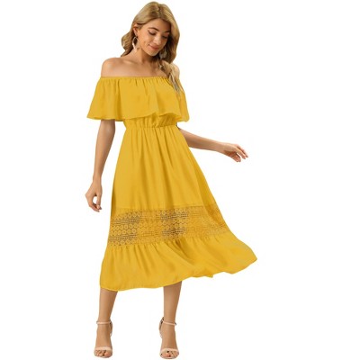 Allegra K Women's Off Shoulder Ruffle Sleeve Lace Insert Chiffon Casual Beach Vacation Midi Dress