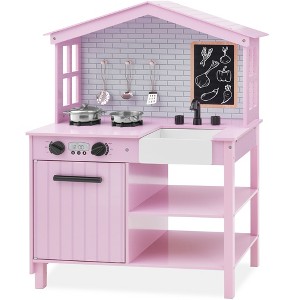 Best Choice Products Pretend Play Wooden Farmhouse Kitchen Set w/ Storage, Clicking Knobs, 5 Accessories - 1 of 4