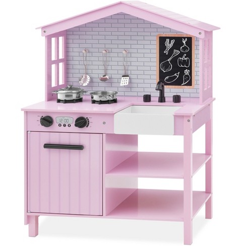 Best Choice Products Pretend Play Kitchen Wooden Toy Set for Kids w/ Telephone, Utensils, Oven, Microwave - Pink