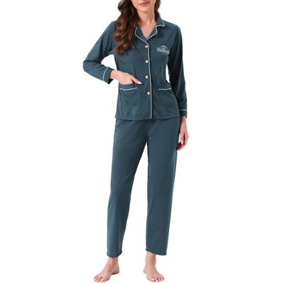 INSPIRE CHIC Women's Lounge Set Cotton Ribbed Button Up Long Sleeve Pants Pattern with Pocket Pajama Set Loungewear