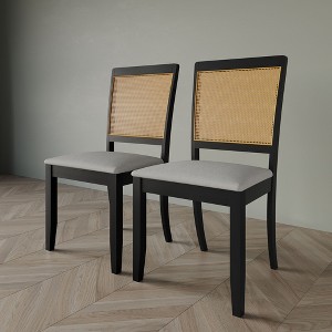ChaletPosh Set of 2 Black Wooden Dining Chair with Cane in Light Grey Cover - 1 of 4