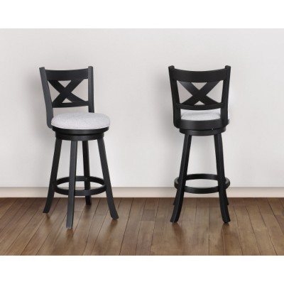 2-piece swivel bar stool set, upholstered seat, nailhead trim, footstool, wooden dining furniture, black