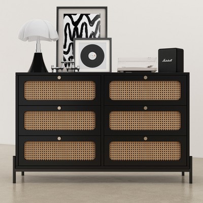 Merax 6-Drawer Rattan & Black Dresser with Metal Legs