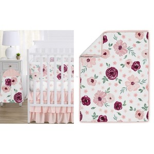 Sweet Jojo Designs Crib Bedding + BreathableBaby Breathable Mesh Liner Baby Nursery Watercolor Floral Burgundy Wine and Pink - 1 of 4