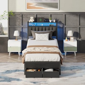 Bed Frame with 2 Drawers & Storage Headboard, Platform Metal Bed with 2 USB Ports and Outlets, No Box Spring Needed - 1 of 4