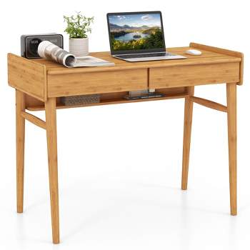 Costway Bamboo Writing Desk 39.5'' Computer Study Desk with 2 Storage Drawers & Open Shelf