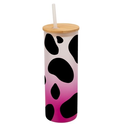 Elanze Designs Cow Animal Print Wrap-Around Design 25 Ounce Frosted Gradient Glass On-The-Go Coffee Travel Skinny Tumbler Mug Cup, Bamboo Lid and