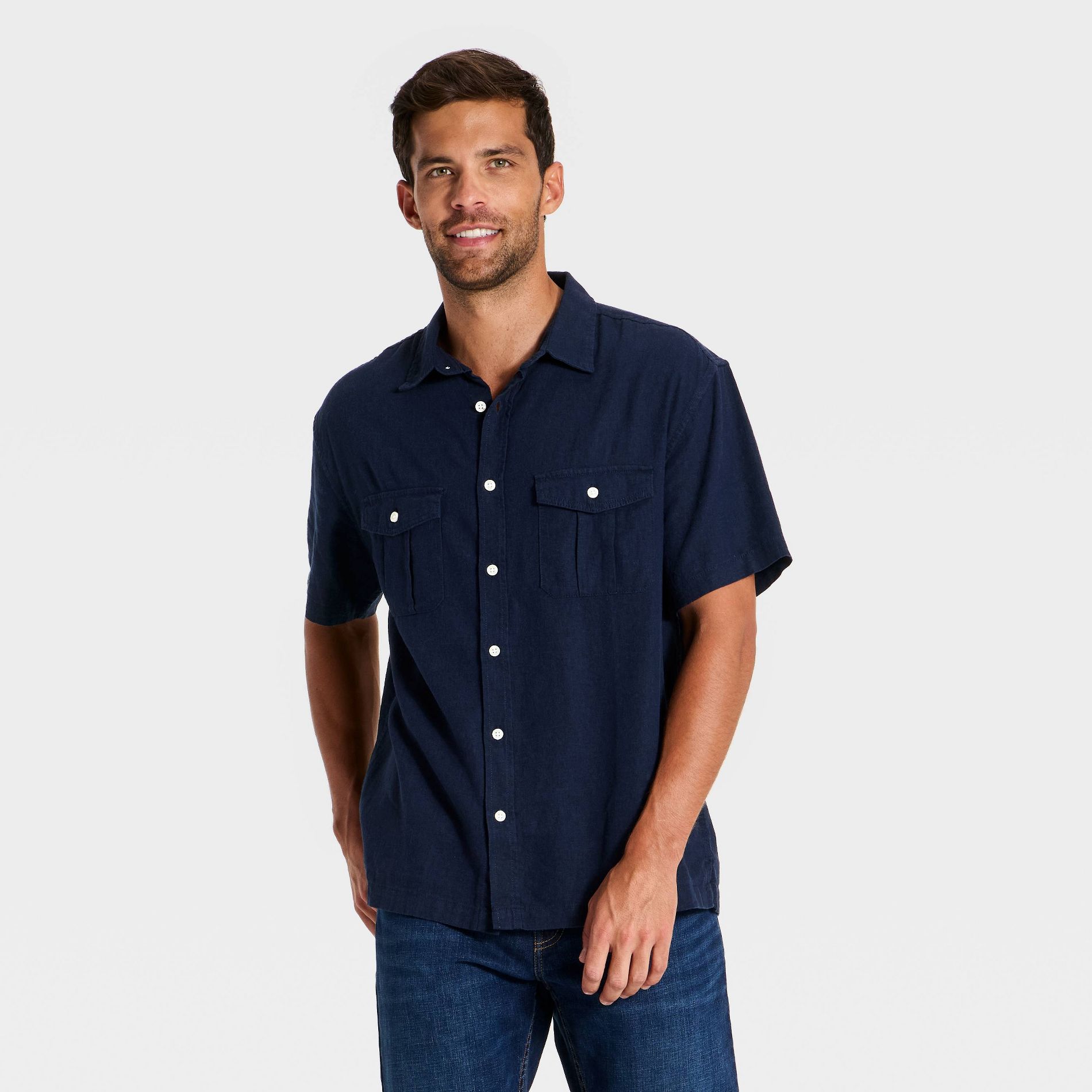 Men's Short Sleeve Linen-Blend Utility Button-Up Shirt - Goodfellow & Co™