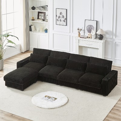 MYINDA 126-inch Corduroy Oversized L-Shaped Sectional with Removable Footrest-USB Port and Cup Holder