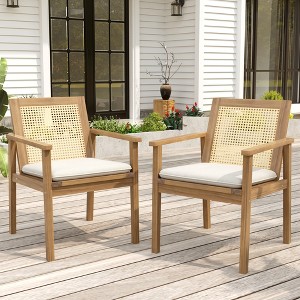 Christopher Knight Home Otis Outdoor Rattan Weave Acacia Dining Chairs with Removable Cushion (Set of 2) - 1 of 4