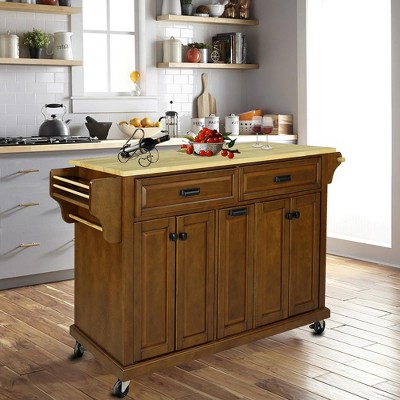 Kitchen Island on Wheels, Kitchen Island Cart With 2 Lockable Casters, 3 Drawers, 2 Cabinets, Spice Rack, Adjustable Shelves & Thicker Spacious Top