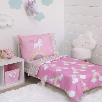 Everything Kids Rainbow Unicorn Pink, White and Rainbows 4 Piece Toddler Bed Set