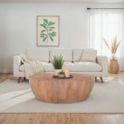 Royal Hampton Drum Shape Wooden 35.5 Inch Coffee Table with Plank Design Base