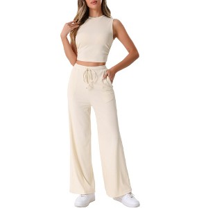Allegra K Women's 2 Piece Crew Neck Sleeveless Crop Tank and Wide Leg Pants Summer Lounge Set - 1 of 4