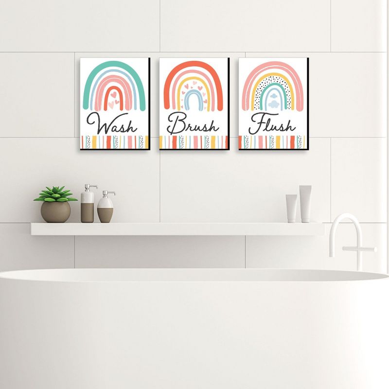 Big Dot of Happiness Hello Rainbow - Boho Kids Bathroom Rules Wall Art - 7.5 x 10 inches - Set of 3 Signs - Wash, Brush, Flush, 2 of 8