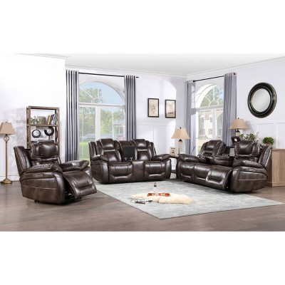 Brown Faux Leather Flared Arm Loveseat with Cup Holder