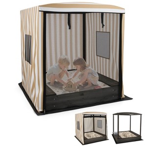 Costway Kids Wooden Sandbox with Canopy Mesh Door Windows Bench Seats Foldable Storage Box - 1 of 4