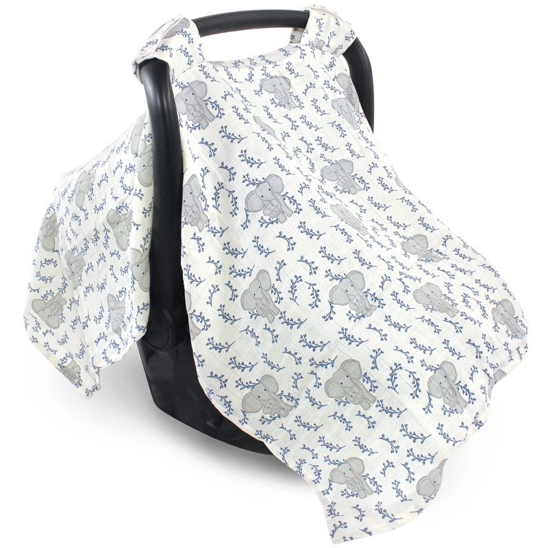 Touched by Nature Baby Unisex Organic Muslin Car Seat Canopy, Blue Elephant, One Size, 1 of 3