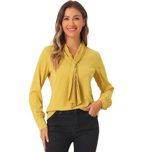 INSPIRE CHIC Women's Long Sleeve Pleated Tie Neck Office Blouses - 1 of 4