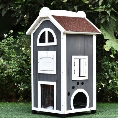 Gray and White 3-Story Wooden Outdoor Cat House with Asphalt Roof