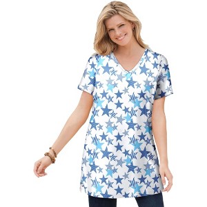 Woman Within Perfect Printed Short-Sleeve Shirred V-Neck Tunic - 1 of 4