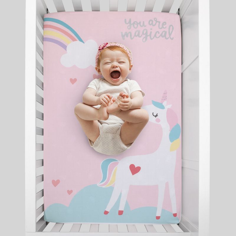 Little Love by NoJo Rainbow Unicorn Multi Colored You Are Magical Photo Op Fitted Mini Crib Sheet, 3 of 5