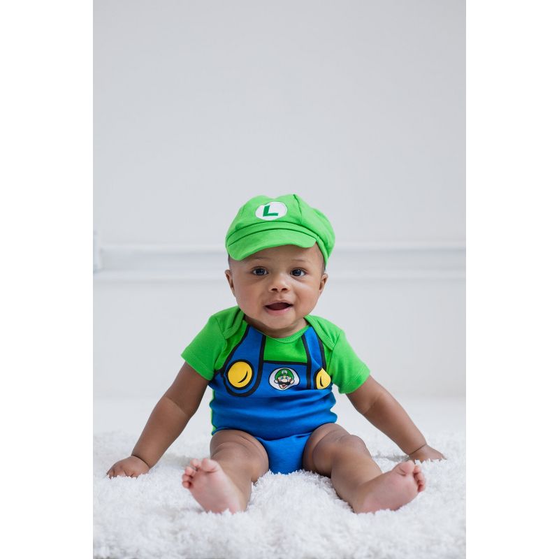 SUPER MARIO Nintendo Mario Luigi Baby Bodysuit and Hat Set Newborn to Infant, 2 of 8