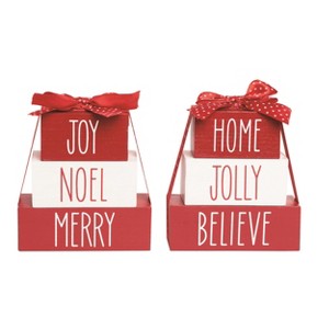 Transpac MDF Merry Block Stack Decor Set of 2 Christmas Home Decorations Freestanding Wood Signs - 1 of 1