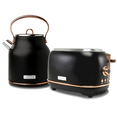 Haden Heritage 1.7 Liter Stainless Steel Electric Water Kettle Bundled with 2 Slice Wide Slot Stainless Steel Toaster, Black & Copper