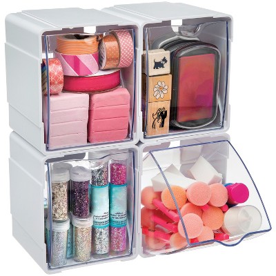 White and Clear Plastic Stackable Storage Tilt Bins, 4-Pack