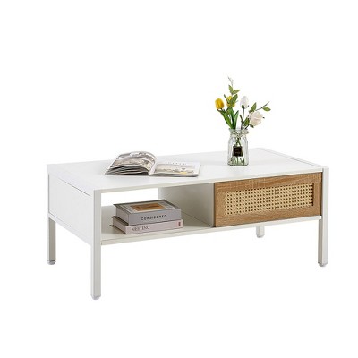 Rattan Coffee Table With Sliding Door Storage Metal Legs Boho Coffee Tables For Living Room 40.16 x 21.26 x 16.54 Inch