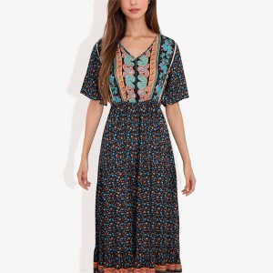 Anna-Kaci Women's Bohemian V-Neck Maxi Dress Floral Print Short Sleeves - 1 of 4