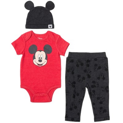 Image of Disney Mickey Mouse Newborn Baby Boys Bodysuit Pants and Hat 3 Piece Outfit Set Red / Gray Newborn