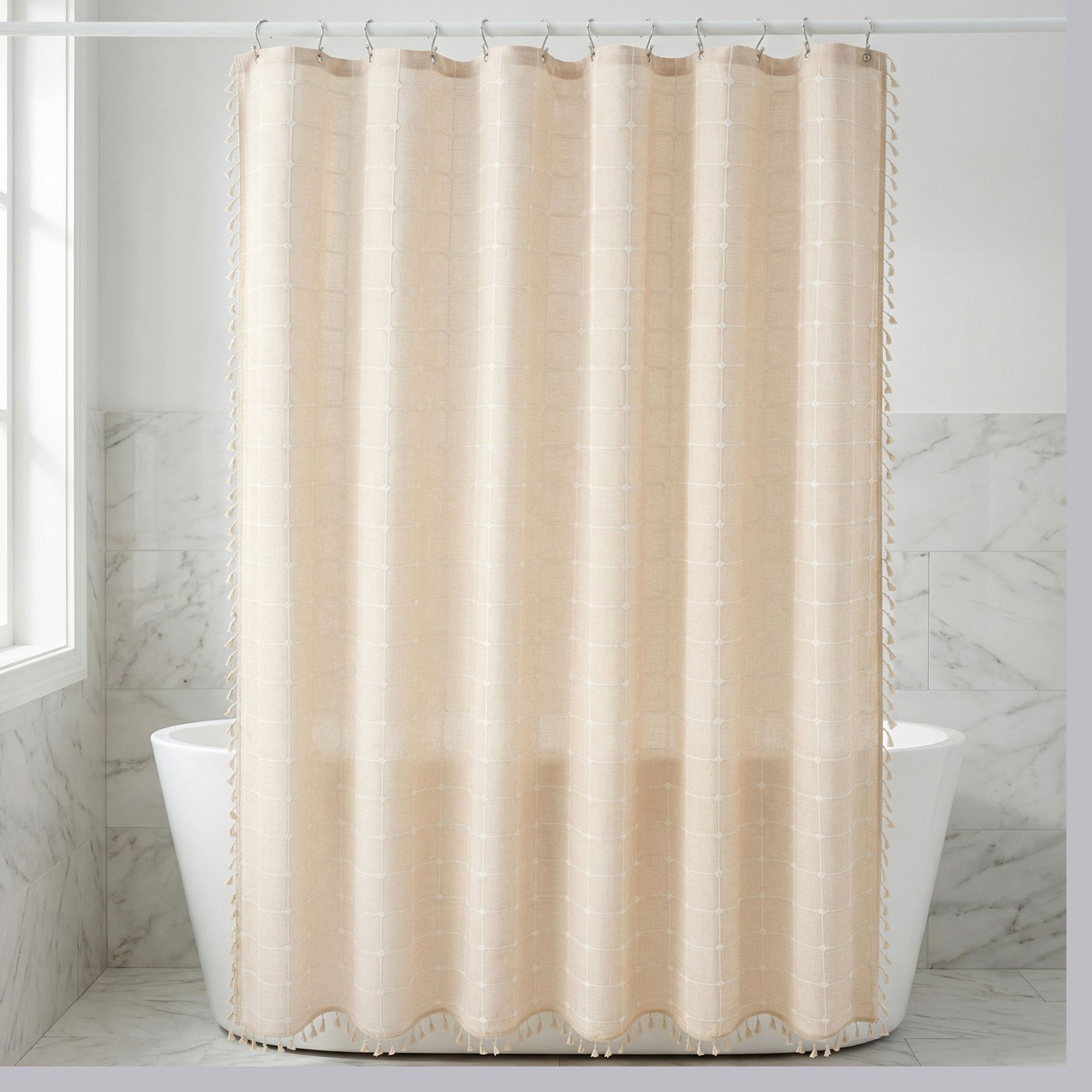 REGALWOVEN Boho Farmhouse Plaid Blend Shower Curtain Sets with Tassels, 12 Hooks Included, Water-Repellent for Bathroom Decor 72 x 72 Inch 1 Pc