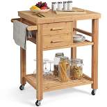 Costway Bamboo Kitchen Trolley Cart Wood Rolling Island w/ Tower Rack & Drawers