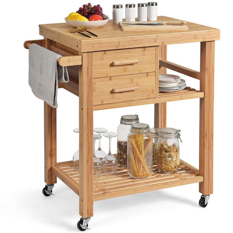 Costway Bamboo Kitchen Trolley Cart Wood Rolling Island w/ Tower Rack & Drawers, 1 of 11