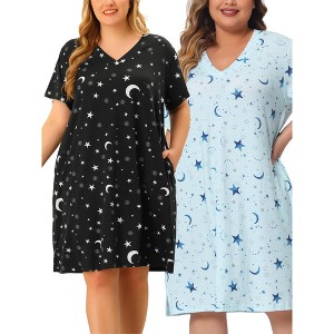 Agnes Orinda Women's Plus Size Comfort Pattern V Neck Short Sleeve Packs Casual Nightgowns - 1 of 4