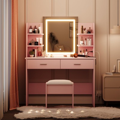 Vanity Desk with Mirror and Lights, Makeup Vanity Set with Cushioned Stool, Power Outlet, 6 Storage Shelves