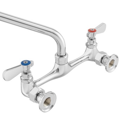 GRIDMANN Commercial Wall Mount Sink Faucet, 8" Center with 10" Swivel Spout, NSF, Dual Lever Handles, Brass Construction, Chrome Polished Finish